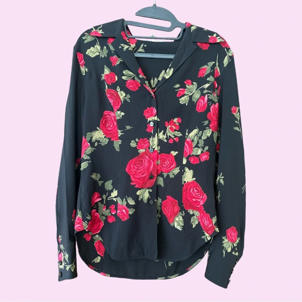 Vintage Escada black and red rose print silk blouse - Picture 1 of 8
